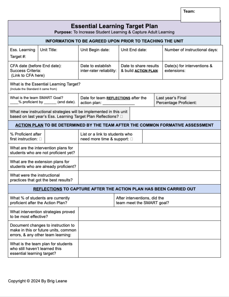 Screenshot of Essential Learning Target Plan for Teams Google Doc